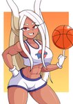 abs ball basketball_(ball) bottomwear breasts brown_body brown_skin cleavage clothed clothing cosplay crossover_cosplay female gloves hair handwear long_hair midriff muscular muscular_female muscular_humanoid shorts simple_background smile solo tune_squad_outfit tune_squad_outfit_(1996) white_hair snowmantofu looney_tunes my_hero_academia space_jam warner_brothers lola_bunny rumi_usagiyama animal_humanoid humanoid lagomorph lagomorph_humanoid mammal mammal_humanoid absurd_res crossover hi_res