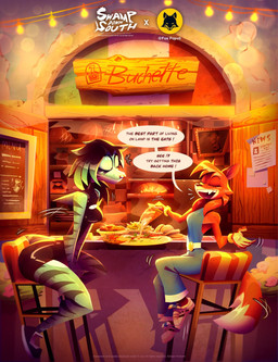 anthro appliance belt breasts chef chef_hat clothing dialogue dialogue_box duo eating eating_food facial_hair facial_piercing fangs female fire food footwear fur furniture hat headgear headwear italian_flag italy kitchen_appliance mustache nose_piercing nose_ring orange_body orange_fur oven piercing pizza restaurant ring_piercing shoes sitting_on_stool sneakers stool striped_body stripes teeth text adrrrart the_sopranos charlie_(adrrrart) patricia_mac_sionnach paulie_galtieri_(sopranos) aquatic canid canine fish fox human humanoid mammal requiem_shark shark tiger_shark true_fox english_text hi_res warm_colors
