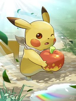 5_fingers apple biped black_ear_tips black_nose brown_eyes day dew dipstick_ears ear_markings feet feral fingers food fruit glistening glistening_eyes grass holding_food holding_object leaf light light_beam looking_at_viewer markings multicolored_ears one_eye_closed open_mouth outside pink_tongue plant rainbow red_cheeks reflection scarf shadow solo sunbeam sunlight tail tongue water white_scarf yellow_arms yellow_body yellow_ears yellow_feet yellow_tail hakkentai_pkdn nintendo pmd:_discovery_team_of_stars_and_souls pokemon pokemon_mystery_dungeon spike_chunsoft generation_1_pokemon mammal pikachu pokemon_(species) rodent 2023 3:4 absurd_res colored comic digital_media_(artwork) digital_painting_(artwork) hi_res painting_(artwork) signature male_(lore)
