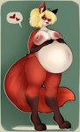 anthro belly belly_grab belly_overhang big_belly big_breasts blonde_hair breasts curvy_figure female fluffy fluffy_tail fur hair hand_on_belly hand_on_own_belly heart_symbol inflated_belly navel nipples nude pregnant pregnant_anthro pregnant_female red_body red_fur smile smiling_at_viewer solo speech_bubble standing tail thick_thighs wide_hips fake_anna canid canine fox mammal hi_res