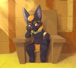 anthro black_body blonde_hair bottomwear bulge chair clothing detailed_background egyptian egyptian_clothing eye_markings furniture gold_(metal) gold_armband gold_jewelry hair jewelry loincloth male male_anthro markings red_eyes sitting sitting_on_throne solo throne usekh young young_anthro young_male ajin egyptian_mythology middle_eastern_mythology mythology anubis anubian_jackal canid canine canis deity egyptian_god jackal mammal 2025 artist_name digital_drawing_(artwork) digital_media_(artwork) hi_res shaded signature