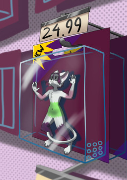 ambiguous_gender anthro fur micro multicolored_body multicolored_fur nude packaging price price_tag selling slave_sale solo chibon felid feline mammal hi_res
