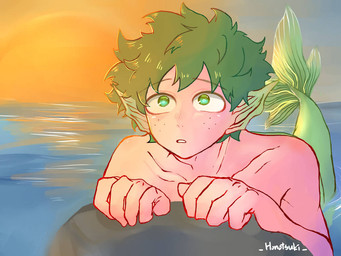 big_eyes curled_fingers freckles glowing glowing_eyes green_eyes green_hair green_tail hair looking_up pale_skin rock sea solo split_form tail water chelsea60325 my_hero_academia izuku_midoriya aquatic humanoid_merfolk merfolk 2019 4:3