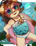 anthro biped brown_hair clothed clothing eyewear female fingers floppy_ears hair inflatable inner_tube kemono one-piece_swimsuit open_mouth open_smile smile solo sunglasses swimwear water young young_anthro young_female elly_(artist) sundae_(auvere) sundae_(kei) canid canine canis domestic_dog mammal hi_res