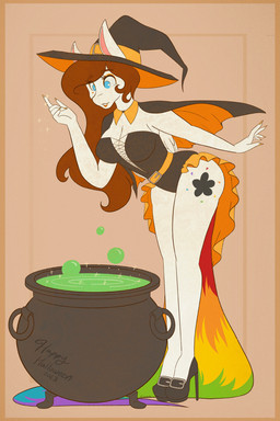 anthro anthrofied black_clothing blue_eyes breasts bubble cape cauldron cleavage clothed clothing colored_nails cutie_mark female footwear green_liquid hat headgear headwear high_heels magic_user multicolored_tail nails orange_clothing orange_eyeshadow orange_nails rainbow_tail shoes solo tail white_body wings witch witch_hat mscolorsplash hasbro my_little_pony mythology colour_splash fan_character equid equine mammal mythological_creature mythological_equine pegasus hi_res