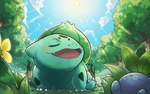 2022 ambiguous_gender blue_body bulbasaur claws cloud day detailed_background duo eyes_closed flower generation_1_pokemon green_body leaf lens_flare light nintendo oddish open_mouth pkpokopoko3 plant pokemon pokemon_(species) sky smile sun sunlight tongue tree