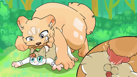 anal anal_penetration animal_genitalia animal_penis anus balls blue_eyes braided_hair brown_body brown_fur canine_genitalia canine_penis doggystyle duo feral feral_on_feral feral_penetrated feral_penetrating feral_penetrating_feral flower_on_head forest_background from_behind_position front_view fur genitals grey_eyes grin hair inner_ear_fluff knot knotted_penis larger_feral larger_male male male/male male_feral male_on_feral male_penetrated male_penetrating male_penetrating_male monotone_body monotone_fur paws penetration penile penile_penetration penis penis_in_ass pinned pinned_to_ground quadruped sex size_difference smaller_feral smaller_male smaller_penetrated smile tuft white_body white_fur konen fabulous_beasts chugou_(fabulous_beasts) shanque_(fabulous_beasts) domestic_cat felid feline felis mammal straw_dog 16:9 2026 cel_shading digital_drawing_(artwork) digital_media_(artwork) hi_res shaded widescreen nonbinary_(lore)