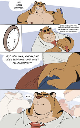 abs angry anthro anthro_on_anthro anthro_on_top areola arm_markings barazoku belly biceps big_legs big_penis biped black_eyebrows black_eyes black_nose black_stripes blep bottomless bottomwear cellphone clenched_teeth clock clothed clothing cyan_background deltoids dialogue dominant dominant_anthro dominant_male dressing ear_markings ear_tuft ears_back ears_down electronics ellipsis embarrased_horny embarrassed embarrassed_male employee employee_uniform erection eyebrows facial_horn facial_tuft fellatio fingers forearm_muscles foreskin fur fur_markings furniture genitals glans head_tuft holding_object holding_phone horn humanoid_genitalia humanoid_hands humanoid_penis interspecies licking looking_at_genitalia looking_at_penis looking_down male male_on_top markings mostly_nude multicolored_body multicolored_fur musclegut muscular muscular_anthro muscular_male neck_tuft necktie necktie_only neutral_expression nude obliques on_top open_mouth oral orange_body orange_fur overweight partially_clothed patreon_logo patreon_username pecs penile penis penis_lick phone pivoted_ears profanity quads raised_eyebrows red_glans red_necktie red_penis rosy_cheeks rough_sex scarf scolding sex shy side_view simple_background smartphone solo speech_bubble stocky striped_body striped_fur striped_markings stripes submissive submissive_male teasing teeth teeth_showing text thick_thighs thought_bubble tongue tongue_out topless topwear triceps tuft twitter_logo underwear uniform vein veiny_penis white_body white_clothing white_fur vitashi patreon twitter canid canine canis domestic_dog felid mammal pantherine tiger 2023 colored comic credits digital_media_(artwork) english_description english_text hi_res multiple_scenes sequence