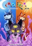 3_eyes brush detailed_shading female feral glistening glistening_eyes group highlights_(coloring) male moon multi_eye smoke sun text title trio fenris64 panthera_arven canid canine canis mammal wolf absurd_res cover english_text hi_res