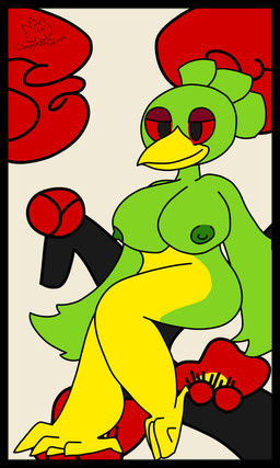 avian_feet beak big_breasts black_border border breasts feathers female flower green_body green_feathers hanafuda head_crest plant plum_blossom prunus_(flower) red_eyes sitting smile smirk solo yellow_beak chaquetaverde avian bird oscine passerine warbler 3:5 absurd_res hi_res signature