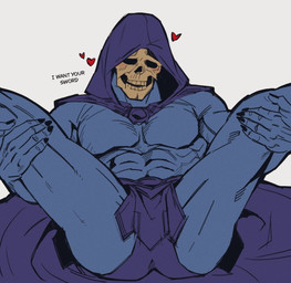 abs anthro blue_body blush blush_lines bone cape clothed clothing dialogue hands_on_legs hands_on_own_legs heart_symbol holding_both_legs inviting_to_sex male muscular muscular_humanoid muscular_male pecs presenting purple_cape purple_clothing purple_hood purple_underwear simple_background skull skull_head solo spread_legs spreading text underwear white_background bonjourdraws masters_of_the_universe mattel skeletor humanoid 2026 digital_media_(artwork) english_text