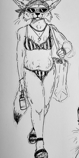 anthro bag bandana_on_head beach clothing eyewear feet female footwear jewelry mature_female sandals shoes solo standing stretch_marks sunglasses swimwear walking curious_coyote canid canine canis coyote mammal absurd_res hi_res monochrome