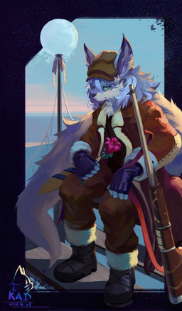 anthro biped blue_body blue_eyes blue_fur bottomwear brown_bottomwear brown_clothing brown_pants chair clothing coat fingerless_gloves flower footwear fur furgonomic_hat furgonomic_headwear furgonomics furniture gloves gun handwear holding_flower holding_object looking_at_viewer male on_chair pants plant ranged_weapon shoes sitting sitting_on_chair solo topwear weapon nekokaii canid canine canis mammal wolf 2018 absurd_res character_request hi_res