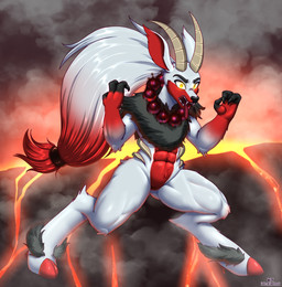 anthro digitigrade fur glowing glowing_eyes hooves horn jewelry male necklace palmorph solo white_body white_fur wolfmask palworld pocketpair incineram pal_(species) hi_res