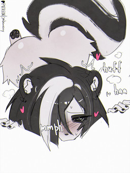 anthro anthro_penetrated black_eyelids black_hair blush bodily_fluids butt cum cum_in_mouth cum_inside deep_throat duo faceless_character faceless_male fellatio female female_penetrated fingers first_person_view fluffy fur genital_fluids genitals green_eyes hair hair_over_eye long_hair looking_at_viewer male male/female male_penetrating male_penetrating_female male_pov multicolored_hair negative_space nude offscreen_male oral oral_penetration penetration penile penis penis_in_mouth sex skunk_tail spread_legs spreading two_tone_hair white_body white_fur yabeweny negative_space_oral_(meme) michelle_(yabeweny) mammal mephitid skunk 2026 censored digital_media_(artwork) hi_res meme