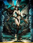 barefoot black_hair bovid_horn breasts caprine_horn chain collar feet female grey_body grey_skin hair horn long_hair naturally_censored navel nipple_piercing nipples not_furry piercing ram_horn red_eyes solo spikes standing genzoman warhammer_(franchise) slaanesh chaos_daemon chaos_god deity demon humanoid