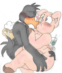 alcohol anthro beer beverage big_butt butt cocktail drunk duo female huge_butt interspecies kiss_on_lips kissing male male/female martini overweight overweight_female simple_background substance_intoxication white_background blackbewhite2k7 looney_tunes the_great_piggy_bank_robbery warner_brothers daffy_duck anatid anseriform avian bird domestic_pig duck mammal suid suine sus_(pig) hi_res sketch