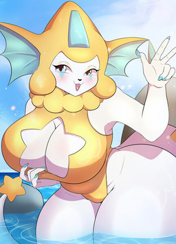 anthro belly blonde_hair blue_eyes blush clothing clothing_pull cloud cosmic_background eye_markings female fin fusion gesture glistening glistening_body glistening_clothing hair hand_on_hip huge_hips huge_thighs hyper hyper_hips hyper_thighs markings one-piece_swimsuit pokemon_fusion ribbons rock sky skyscape small_waist smile smiling_at_viewer solo spines splash star star_on_body starry_background swimwear tail thick_tail thick_thighs water waving waving_at_viewer white_body wide_hips yellow_outfit gapsay nintendo pokemon glinta_(nickzilla) eeveelution generation_1_pokemon generation_3_pokemon hybrid jirachi legendary_pokemon pokemon_(species) vaporeon