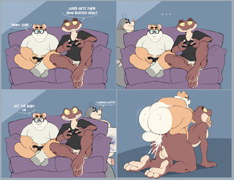 anal anal_penetration anthro anthro_on_anthro anthro_penetrated anthro_penetrating anthro_penetrating_anthro balls blue_border bodily_fluids border bottomless bottomless_anthro bottomless_male brown_body brown_skin clothed clothing cum cum_in_ass cum_inside cumshot dialogue duo_focus ejaculation ellipsis erection eyewear fur genital_fluids genitals glans glasses grey_body grey_fur group hair half-closed_eyes humanoid_genitalia humanoid_penis looking_pleasured lost_bet male male/male male_penetrated male_penetrating male_penetrating_male narrowed_eyes nude nude_anthro nude_male orgasm overweight overweight_anthro overweight_male penetration penile penile_penetration penis penis_in_ass perineum sex speech_bubble tan_body tan_fur text tongue tongue_out trio white_hair wide_eyed yellow_sclera conditional_dnp erobos ero_(erobos) amphibian cricetid eulipotyphlan frog hamster mammal mole_(animal) rodent comic english_text hi_res