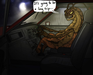 anthro belly bodily_fluids car car_interior driving drooling exoskeleton glowing glowing_eyes looking_at_viewer male moon night offering_to_viewer saliva solo star talking_to_viewer vehicle conditional_dnp samagthrav2 men_in_black edgar_the_bug alien arthropod blattodean cockroach insect absurd_res hi_res