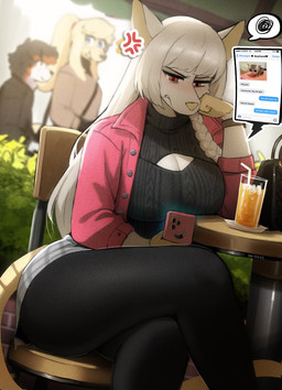 anthro bangs beverage big_breasts black_clothing black_leggings black_legwear bottomwear breasts cellphone chair cleavage clothed clothed_anthro clothed_female clothing detailed_background drinking_straw electronics female female_anthro female_focus fully_clothed fully_clothed_anthro fully_clothed_female fur furniture glass group hair handbag jacket leggings legwear male male/female on_chair phone purse red_eyes sitting sitting_on_chair skirt smartphone solo_focus sweater text_message texting topwear trio turtleneck white_body white_fur white_hair 00niine background_character liz_(00niine) nate_(00niine) canid canine canis domestic_dog mammal 2026 hi_res