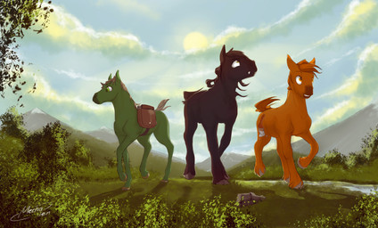 black_body black_fur black_hair cutie_mark day detailed_background feral fur grass green_body green_eyes green_fur grey_eyes group hair hooves male outside plant sky standing sun tan_body tan_eyes tan_fur tan_hair white_hair mechagen hasbro my_little_pony fan_character earth_pony equid equine horse mammal pony hi_res