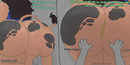 ambiguous_gender anthro asphyxiation begging begging_to_stop big_butt brown_hair burning butt butt_crush butt_smother butt_squish choking facesitting facesitting_pov fart fart_cloud fart_torture farting_in_mouth farting_on_face female gagging hair huge_butt ignoring_another muffled regret sitting sitting_on_another size_difference smothering squish text willing_to_unwilling avulara larissa_(avulara) bovid bovine mammal absurd_res english_text hi_res long_image wide_image