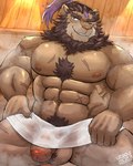 abs anthro balls body_hair brown_body brown_fur chest_hair flaccid foreskin fur genitals hairy male mane muscular muscular_anthro muscular_male nude pecs penis pubes sauna scar solo towel v2wolf lifewonders live_a_hero toshu felid lion mammal pantherine 4:5 hi_res