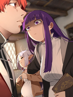 angry bangs belly black_clothing black_eyebrows black_robe black_shirt black_topwear blurred_background bodily_fluids book breasts brown_clothing brown_jacket brown_topwear button_(fastener) clothed clothed_female clothed_human clothed_humanoid clothed_male clothing dress ear_piercing eyebrow_through_hair eyebrows eyelashes eyes_closed female female_human female_humanoid fingernails fingers_together grey_hair group hair holding_book holding_object humanoid_pointy_ears inside jacket lips long_hair male male_human medium_breasts mouth_closed nails navel_outline neck_grab nervous nervous_sweat not_furry open_clothing open_jacket open_robe open_topwear piercing pointy_ears pregnant pregnant_female pregnant_humanoid pupils purple_eyes purple_hair red_clothing red_eyes red_hair red_shirt red_topwear robe shirt short_hair small_breasts strangling sweat sweaty_face topwear translucent translucent_hair trio white_clothing white_dress white_shirt white_topwear wide_eyed window khyleri frieren_beyond_journey's_end fern_(frieren) frieren stark_(frieren) elf human humanoid mammal 2025 3:4 absurd_res digital_media_(artwork) hi_res