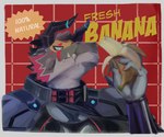 anthro banana banana_peel eating food fruit grey_body hair horn humor male plant sharp_teeth solo supervillain teeth white_hair pinestrain lifewonders live_a_hero mythology giansar dragon mythological_creature mythological_scalie scalie hi_res