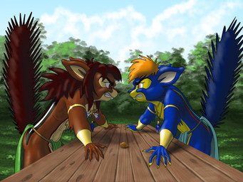 5_fingers angry anthro black_eyebrows blue_body blue_fur bottomwear brown_body brown_eyes brown_fur brown_hair buckteeth clenched_teeth clothing day drupe_(fruit) duo eyebrows fingers food fruit fur furniture hair jewelry loincloth male multicolored_body multicolored_fur necklace orange_eyes orange_hair outside plant table tail teeth tree walnut tamiasthechipmunk chipmunk ground_squirrel mammal rodent sciurid 4:3 hi_res shaded