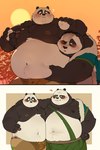 2022 absurd_res anthro bear belly belly_grab black_body blush bottomwear bulge clothed clothing digital_media_(artwork) dreamworks duo erection erection_under_clothing father_(lore) father_and_child_(lore) father_and_son_(lore) food giant_panda grope groping_from_behind hi_res incest_(lore) kemono kung_fu_panda li_shan_(kung_fu_panda) male male/male mammal master_po_ping moob_grab moobs navel nipples outside overweight overweight_male parent_(lore) parent_and_child_(lore) parent_and_son_(lore) quanjiang question_mark shorts son_(lore) sun white_body