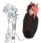 anthro clothed clothing fur hair intersex looking_at_viewer male multicolored_hair simple_background smile solo tail two_tone_hair rottenrollz mikah_miller_(character) domestic_cat felid feline felis hybrid mammal procyonid raccoon digital_media_(artwork) hi_res andromorph_(lore)