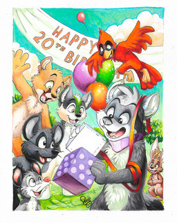 anthro antlers black_body black_fur blue_eyes brown_body brown_fur cheek_tuft chest_tuft crouching facial_tuft fangs featureless_crotch fur glistening glistening_eyes grey_body grey_eyes grey_fur group happy head_tuft holding_present horn logo male nude open_mouth open_smile orange_body orange_eyes orange_fur outside smile teeth tuft white_body white_fur yellow_eyes young young_anthro young_male pandapaco anthro_northwest andy_(anthro_northwest) mausie_(character) avian cougar felid feline jackalope lagomorph mammal mouse murid murine procyonid raccoon rodent artist_logo signature traditional_media_(artwork)