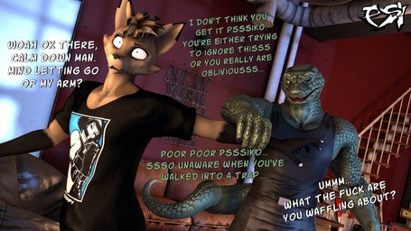 anthro arm_grab black_body black_clothing black_fur black_highlights black_sclera black_shirt black_tank_top black_topwear brown_body brown_fur brown_hair clothed clothed_anthro clothed_male clothing dialogue duo fur green_body green_scales hair highlights_(coloring) male multicolored_body multicolored_fur multicolored_hair scales shirt t-shirt tank_top text topwear two_tone_body two_tone_fur two_tone_hair yellow_eyes psikokinetic petruz_(modeler) warfaremachine_(modeler) isamu_(psikokinetic) psiko_(psikokinetic) canid canine canis jackal mammal reptile scalie snake 16:9 2024 3d_(artwork) 4k absurd_res digital_media_(artwork) english_text hi_res source_filmmaker_(artwork) widescreen