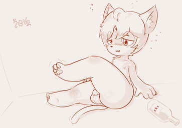alcohol anthro balls beverage biped blush drunk flaccid foreskin genitals half-closed_eyes inside male narrowed_eyes nipples nude one_leg_up penis pose raised_leg shota simple_background sitting solo substance_intoxication thick_thighs young young_anthro billmurray domestic_cat felid feline felis mammal 2016 absurd_res hi_res monochrome pinup