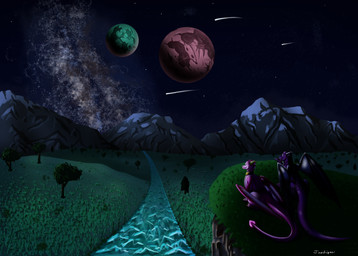 blue_eyes choker claws cliff duo female feral flower galaxy gold_(metal) gold_choker gold_jewelry gold_necklace grass green_grass green_moon hill horn jewelry landscape markings moon mountain necklace night on_ground overweight overweight_female pink_body pink_moon pink_wings plant pointing_at_sky purple_body purple_eyes shooting_star shrub sitting sitting_on_ground smile snowy_mountain star star_(marking) stargazing tree wings tamhigan_(artist) activision european_mythology mythology spyro_the_dragon ember_(spyro) fan_character starla_(tamhigan) dragon mythological_creature mythological_scalie scalie western_dragon digital_drawing_(artwork) digital_media_(artwork) hi_res signature story story_in_description
