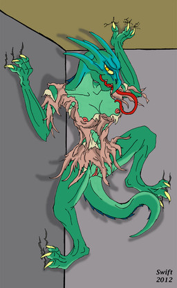 anthro breasts ceiling claws climbing_wall clothing female genitals non-mammal_breasts prehensile_tongue solo text tongue torn_clothing vulva swift_(artist) castlevania konami headhunter lizard reptile scalie 2012 artist_name digital_drawing_(artwork) digital_media_(artwork) hi_res