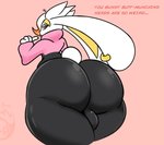 annoyed anthro big_butt black_outline bottomwear bulge butt butt_focus clothed clothing ear_piercing femboy hoodie huge_butt looking_back low-angle_view male outline pants piercing pink_background rear_view simple_background solo text thick_thighs topwear wide_hips yoga_pants kirbot12 nintendo pokemon ivi generation_8_pokemon lagomorph leporid mammal pokemon_(species) raboot english_text hi_res signature