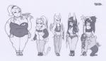 anthro belly big_breasts bottomwear breasts chav cleavage cleavage_overflow clothed clothing coat crop_top female flat_chested graffiti group hair hoodie huge_breasts katana lineup mature_anthro mature_female melee_weapon pants ponytail shirt shorts slightly_chubby streetwear sweatpants sword tattoo text text_on_bottomwear text_on_clothing text_on_pants thick_thighs topwear weapon wide_hips smokyjai cjrfm charlotte_(smokyjai) kiesha_valentine minx_kitten peggy_pig bat canid canine canis domestic_cat domestic_pig felid feline felis jackal mammal murid murine rat rodent suid suina sus_(pig) 2015 english_text hi_res monochrome