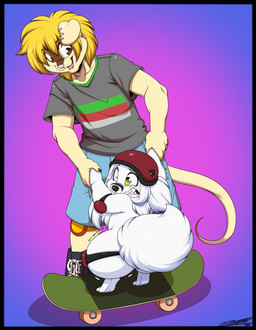 anthro black_border blonde_hair border bottomwear brown_body brown_eyes brown_fur clothing duo ear_piercing ear_ring elbow_pads footwear fur hair knee_pads male open_mouth piercing ring_piercing shirt shorts skateboard tan_body tan_fur teeth topwear vehicle white_body white_fur white_hair yellow_eyes deonwolf deon_(deonwolf) zephyr_(skyw0lf) canid canine canis mammal unknown_species wolf 2025 digital_media_(artwork) hi_res