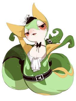 ambiguous_gender belt bow_tie clothed clothing fangs feral furgonomics green_body hat headgear headwear looking_at_viewer open_mouth red_eyes serpentine solo tail tail_clothing tail_stocking teeth white_body yellow_body azre nintendo pokemon generation_5_pokemon pokemon_(species) serperior 3:4 hi_res