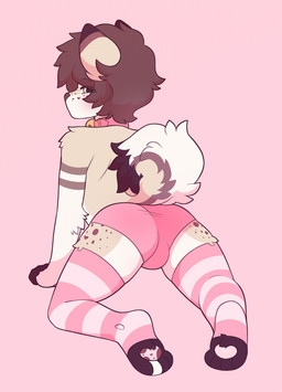 all_fours anthro blush brown_hair brown_markings bulge bulge_from_behind butt clothed clothing collar crossdressing curled_tail femboy freckled_face freckled_legs freckled_thighs freckles fur hair half-closed_eyes legwear looking_back male markings narrowed_eyes pattern_clothing pattern_legwear pattern_stockings pink_background pink_clothing pink_collar pink_underwear presenting rear_view short_hair simple_background solo stockings striped_clothing striped_legwear striped_stockings stripes tail tan_body tan_fur underwear shiones canid canine canis domestic_dog mammal hi_res