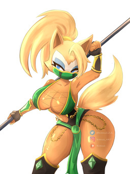 anthro big_breasts blonde_hair blue_eyes breasts brown_body brown_fur cleavage clothed clothing collarbone eyelashes facial_markings female fingerless_gloves fur glistening glistening_body glistening_breasts gloves green_clothing hair handwear head_markings markings mask mask_(marking) melee_weapon polearm ponytail solo thick_thighs weapon wide_hips branuzzz idw_publishing mortal_kombat sega sonic_the_hedgehog_(comics) sonic_the_hedgehog_(idw) sonic_the_hedgehog_(series) jade_(mortal_kombat) whisper_the_wolf canid canine canis mammal wolf 2025 absurd_res hi_res