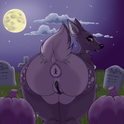 all_fours anthro anus areola big_anus big_butt black_eyes black_nose breasts brown_body brown_fur butt cemetery cloud eyelashes female food fruit fur genitals looking_at_viewer looking_back looking_back_at_viewer moon night nipples nude open_mouth plant pumpkin rear_view sky solo tan_body tan_fur thick_thighs tombstone vulva wide_hips bratcatt deer mammal 1:1 hi_res