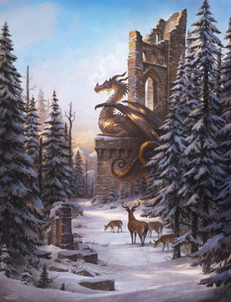 ambiguous_gender antlers brick_wall brown_body brown_fur butt detailed_background evening feral forest fur grazing group horn membrane_(anatomy) membranous_wings mountain outside plant quadruped rear_view ruins scales sitting size_difference smoke smoke_from_nose snow tail tree wall_(structure) window wings justin_gerard mythology plague_of_dragons deer dragon mammal mythological_creature mythological_scalie scalie 2021 hi_res mixed_media official_art