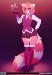 anthro bulge clothed clothing crossdressing femboy legwear looking_at_viewer male solo standing text thigh_highs waiter wide_hips tsudamaku scott_williams ailurid mammal red_panda hi_res url