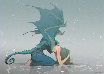 blue_tail blue_wings clothed clothing female kneeling raining reflection simple_background solo tail wings demizuposuka mythology animal_humanoid chimera dragon dragon_humanoid humanoid mythological_creature mythological_scalie scalie watermark