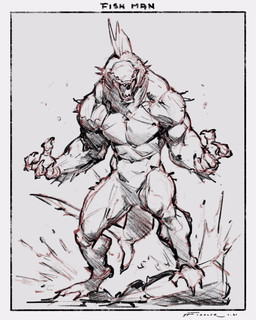 4_fingers anthro biped claws fin fingers male muscular muscular_anthro muscular_male muscular_thighs nude open_mouth text taran_fiddler aquatic fish 2021 english_text hi_res line_art signature