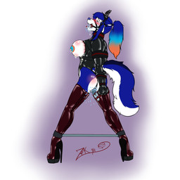 anthro arms_tied bdsm bdsm_gear blue_body blue_fur blue_hair blue_nose bodily_fluids bondage bound clothing drooling female footwear fur gag gagged gagged_drooling genital_fluids hair hands_behind_back high_heels nipple_piercing nipples piercing ponytail restraints saliva sex_toy shoes solo spread_legs spreader_bar spreading vaginal vaginal_fluids vibrator white_body white_fur bluhellwulf basian canid canine canis domestic_dog husky mammal nordic_sled_dog spitz 1:1 hi_res